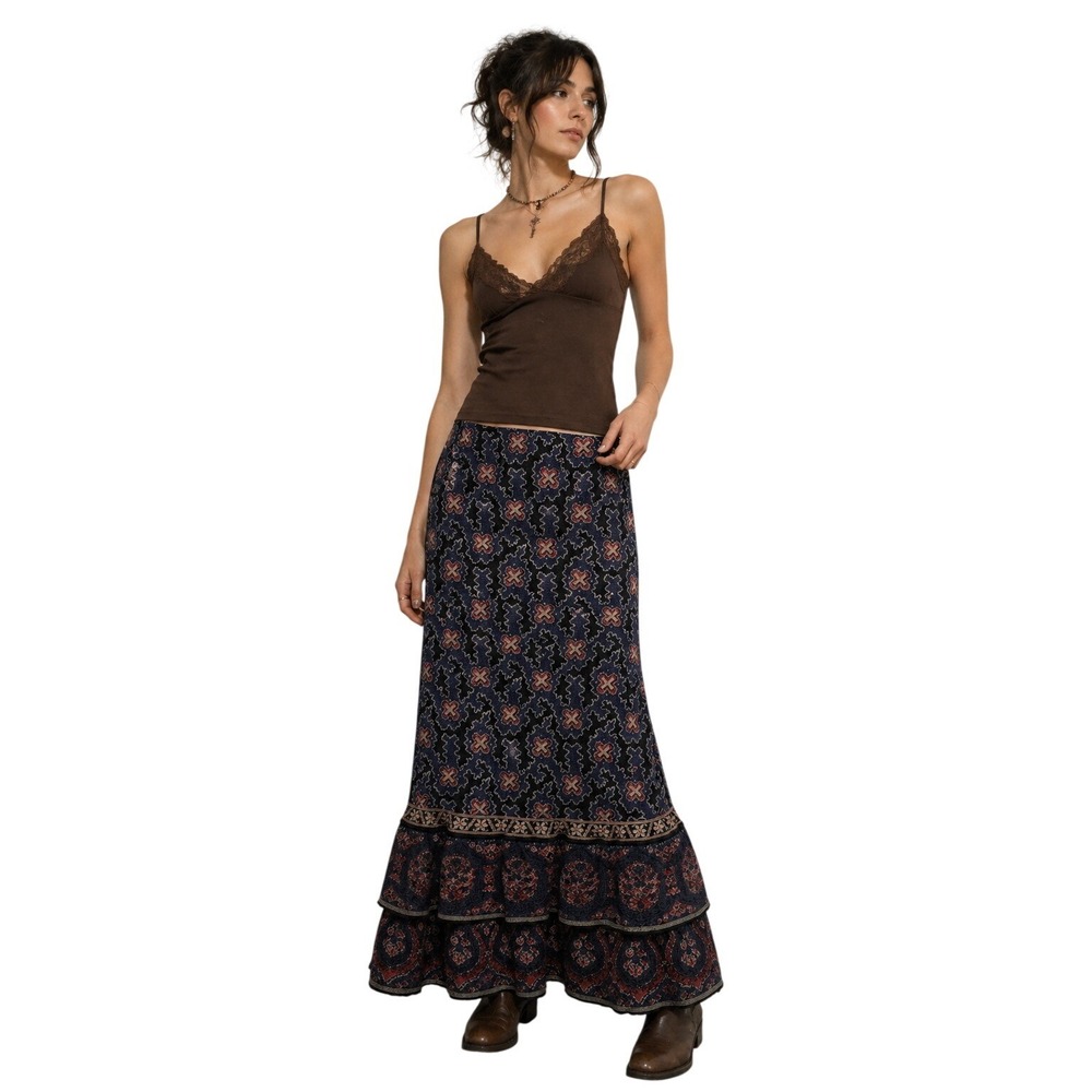 PERUVIAN CONNECTION Knit Maxi Skirt Blue Red Paisley Boho Mermaid XS
